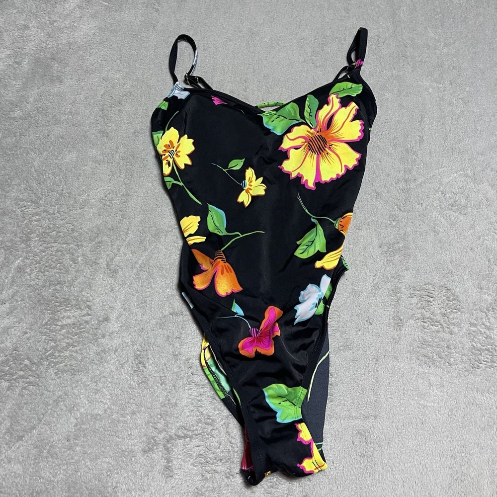Vintage Curva Swimsuit Womens 12 Black Floral‎ One Piece 90s Tropical Beach